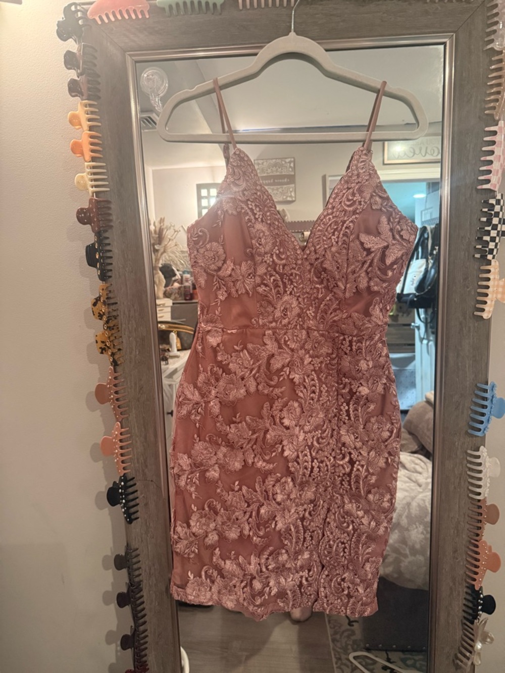 Windsor Dusty Rose Lace Embroidered Mini Dress